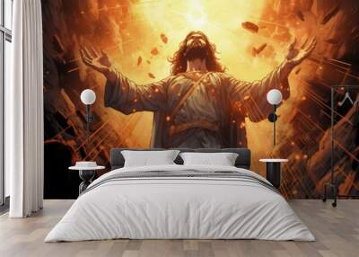 Portrait Of Jesus Christ Looking At Lightining Cross In The Sky. Generative AI Wall mural