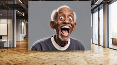 Generative AI portrait of a funny African American senior old man with big eyes and open mouth. Wall mural