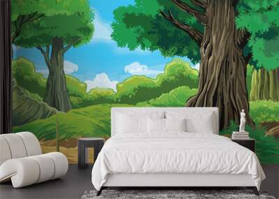 Green forest with trees grass and bushes Wall mural