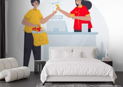 A man pay cash at cashier flat illustration Wall mural