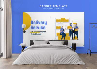 Shipping service team courier illustration on banner template Wall mural