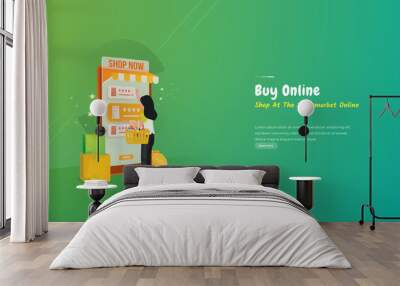 Women shop or buy online at online stores on the mobile shopping app Wall mural