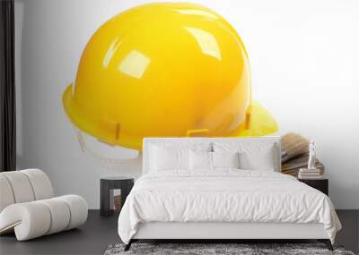 Yellow helmet ,  meter building and brush isolated on white Wall mural