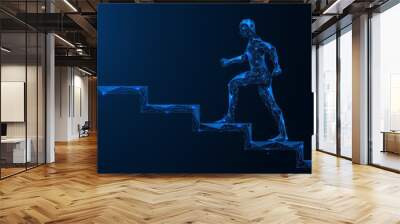 A person climbs up the stairs. The concept of progress and career growth. A low-poly silhouette of interlocking lines and dots. Blue background. Wall mural