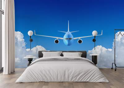 Passenger airplane flying in the blue sky among the clouds Wall mural