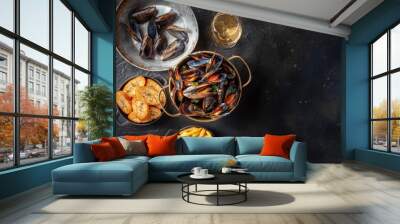 Belgian mussels with French fries and toasted bread, with white wine, overhead flat lay shot on a black background with copy space Wall mural