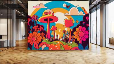 Cartoon psychedelic landscape with mushrooms and flowers Wall mural