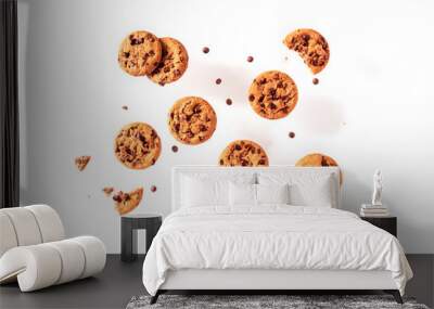 Chocolate chip cookies, flying on a white background, shot from the top Wall mural