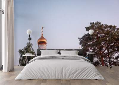 Dome of an Orthodox church and trees at sunset. Wall mural