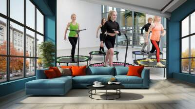 Fitness center group active trampoline friends youth health aerobic training, concept team workout from sport from body indoor, sportswear teamwork. Motion club room, Wall mural