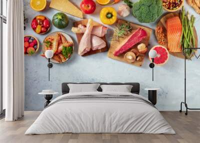 Food background, shot from the top with copy space. Meat and fish, seafood and poultry, fruit and vegetables and other products Wall mural