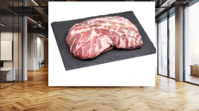 Fresh raw pork meat on a black stone plate isolated on a white background. Wall mural