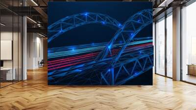 Futuristic road bridge. Freeway. The effect of night lights. Low-poly construction of thin interlocking lines and dots. Blue background. Wall mural