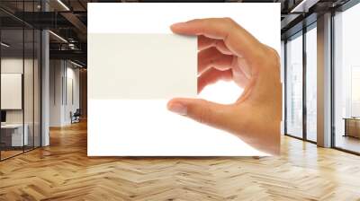 Hand holding an empty business card. Isolated on white. Wall mural