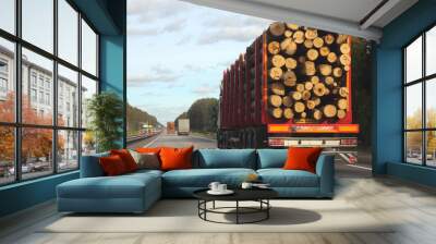 Heavy truck transports logs on a red semi-trailer goes on a suburban asphalt highway road on a summer day against a green forest and blue sky with clouds - trade and timber exports in Europe Wall mural