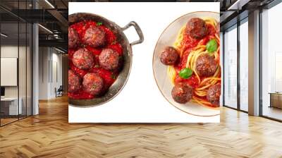 Meatballs set, isolated on a white background. Meatballs with tomato sauce in a pan and with pasta and basil on a plate, top shot Wall mural