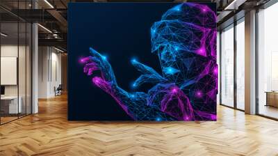 Metaverse, a man wearing virtual reality glasses. Polygonal design of lines and dots. Wall mural