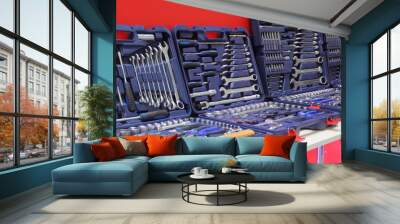 New sets of tools, wrenches spanners - new car service tool kit sets in blue toolboxes Wall mural