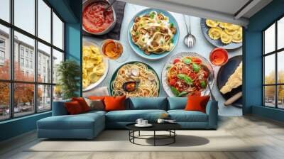 Pasta variety. Italian food and drinks, overhead flat lay shot. Spaghetti marinara, mushroom pappardelle, seafood pasta, wine, Parmesan cheese Wall mural