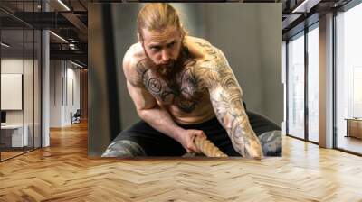 Rope invisible man tug pull was casual force person competition, concept handsome isolated from businessman from tug guy, hand fit. Training work alone, beard Wall mural