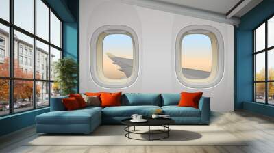 Airplane window, aircraft window with wing, vector background Wall mural