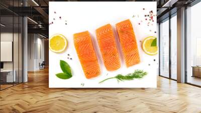 Salmon, overhead flat lay shot with dill, bay leaves, lemon and pepper on a white background with copy space Wall mural