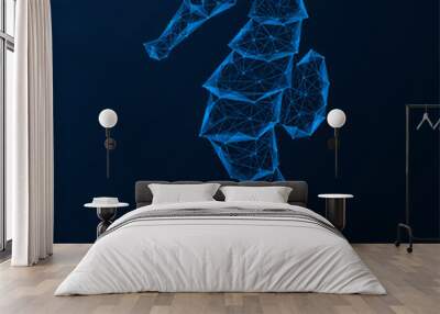 Seahorse. Low-poly design of interconnected lines and dots. Blue background. Wall mural