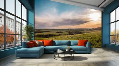 The sun is low at sunset on a field (meadow) with hills. Wall mural