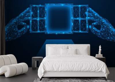 Two hands open the windows. A portal to the world of technology. Low-poly construction of lines and points. Blue background. Wall mural