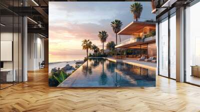 An architectural rendering of the exterior view across an infinity pool of a modern mansion on beachfront with white walls and large glass windows overlooking the coastal ocean Wall mural