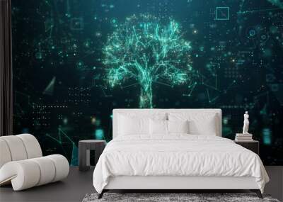 Digital Tree. Digital GPU. Information flow. Processing information. AI network technology or Green and Renewable energy concept. 3d rendering Wall mural