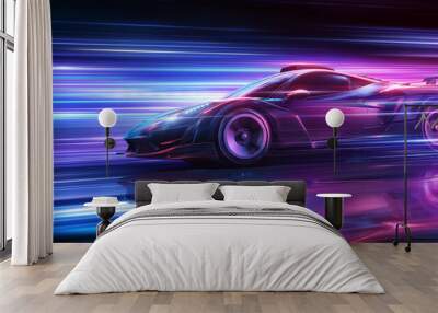 Futuristic Sports Car On Neon Highway. Powerful acceleration of a supercar on a night track with colorful lights and trails. 3d illustration Wall mural