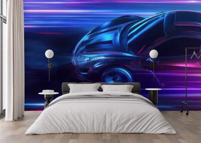 Futuristic Sports Car On Neon Highway. Powerful acceleration of a supercar on a night track with colorful lights and trails. 3d illustration Wall mural