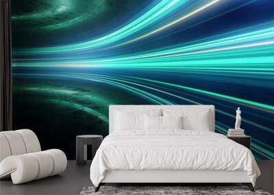 Light and stripes moving fast over dark background and are reflected in the road surface. Technology and science illustration. Wall mural