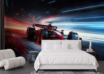 powerful acceleration of a generic red formula one car on on the night racing track with light strip Wall mural