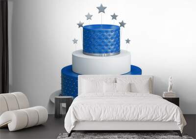 Realistic blue three tiered wedding cake isolated with decoration of silver stars and balls on a white plate. 3d illustration Wall mural