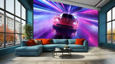 Red Sports Car On Neon Highway. Powerful acceleration of a supercar on a night track with colorful lights and trails. 3d illustration Wall mural