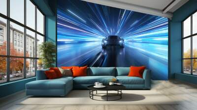 Speeding Sports Car On Neon Highway. Powerful acceleration of a supercar on a night track with colorful lights and trails. 3d render Wall mural