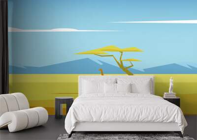 African vector landscape with giraffe standing under the acacia tree in the middle of savannah and mountains in the distance. Acacia and giraffe in the savannah field illustration. Nature of Africa Wall mural