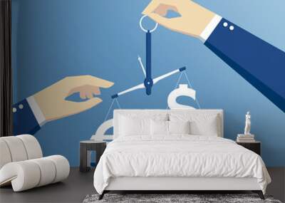 business concept exchange rate, hands holding the scales and weighed the dollar and euro flat design Wall mural