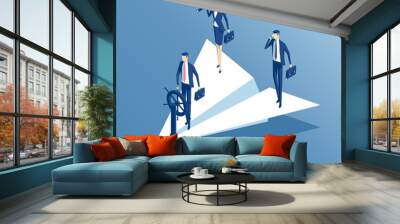 isometric business people flying in paper airplane, business team and leadership concept vector illustration Wall mural