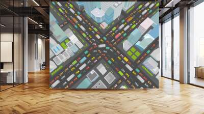 City street Intersection traffic jams road 3d. Very high detail projection view. A lot cars end buildings top view Vector illustration Wall mural