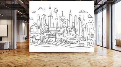 Hand line drawing, futuristic city architecture Wall mural