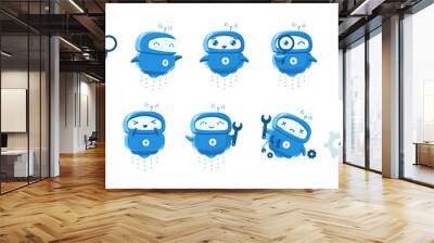 Little flying Robot mascot character set. Support service-center. Chat bot. Search with magnifying. For all tasks. Cartoon vector illustration. Wall mural