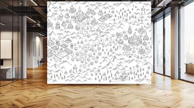 Medieval city, fantasy area map sketch. Mountain river and village buildings. Middle Ages map for board game. Hand drawn vector black line. Wall mural