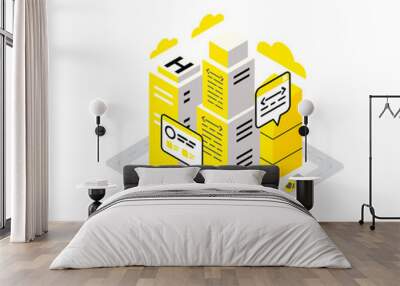 Smart city data infrastructure server isometric concept. Yellow, black and gray infographic icon Wall mural