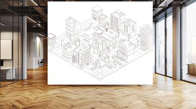 Town street Intersection road. Buildings Isometric top view. Gray lines outline contour style. Wall mural