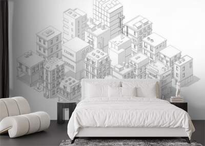 Town street Intersection road. Buildings Isometric top view. Gray lines outline contour vector style with shadows. Wall mural