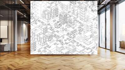 Vector town city streets Intersection outline. Cartoon buildings and road top view. Gray lines outline contour style background. Highly detailed. Wall mural