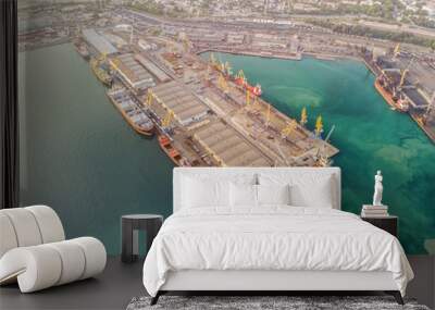 Aerial view of business port with Shore crane loading containers in Container ship in import export and business logistics with crane and Shipping cargo. International transportation and Business Wall mural